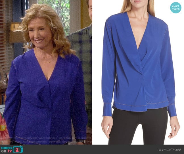 Rag & Bone Shields Silk Blouse in Electric Blu worn by Vanessa Baxter (Nancy Travis) on Last Man Standing