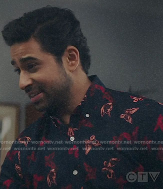 Rakesh’s butterfly print shirt on God Friended Me