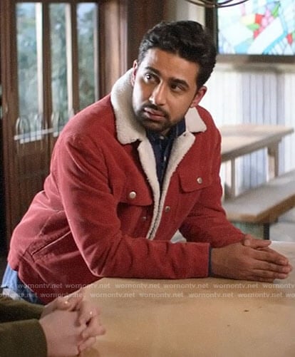 Rakesh’s red corduroy jacket with fleece collar on God Friended Me