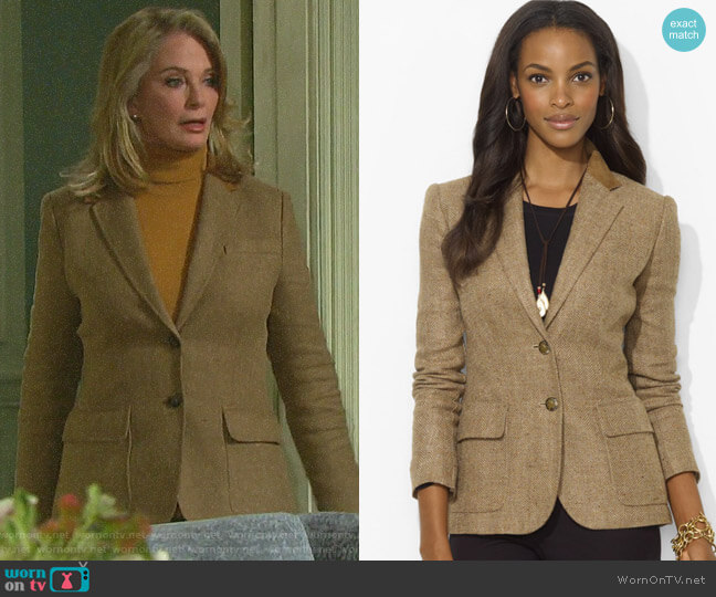 LAUREN Ralph Lauren Suede-Trim Herringbone Blazer worn by Marlena Evans (Deidre Hall) on Days of our Lives