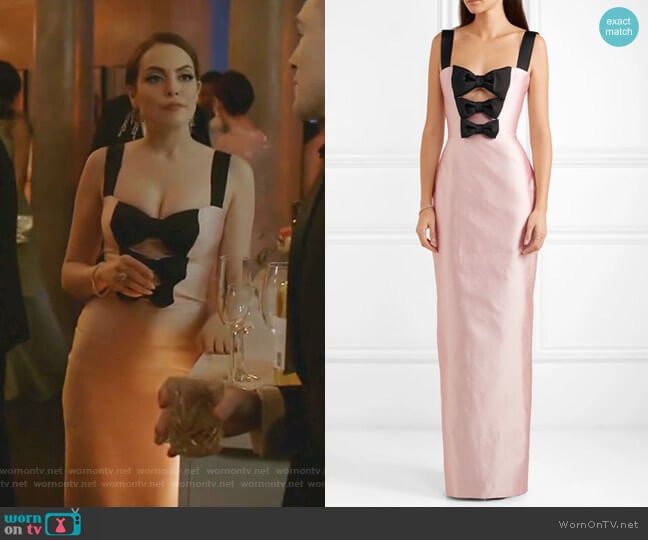 Rasario Bow-Embellished Silk-Shantung Gown worn by Fallon Carrington (Elizabeth Gillies) on Dynasty