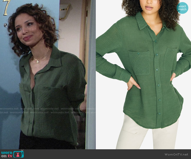 Sanctuary Steady Boyfriend Shirt in Peace Green worn by Elena Dawson (Brytni Sarpy) on The Young and the Restless