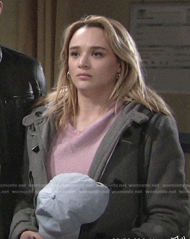 Summer’s pink teddy sweatshirt and grey toggle coat on The Young and the Restless
