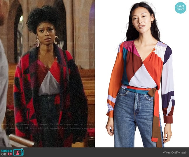 Tanya Taylor Klara Top in Berry Multi worn by Ali Finer (Javicia Leslie) on God Friended Me