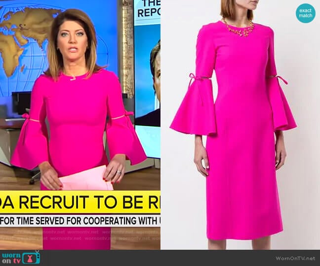 Oscar de la Renta 3/4 Flutter Sleeved Pencil Dress worn by Norah O'Donnell on CBS Mornings