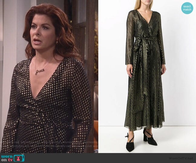 RED Valentino Embroidered Lame Long Dress worn by Grace Adler (Debra Messing) on Will and Grace