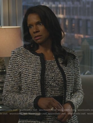 Liz’s tweed jacket and sheath dress on The Good Fight