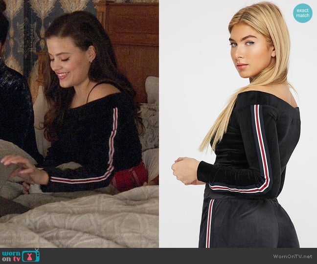 Urban Planet Velour Off The Shoulder Side Stripe Sweatshirt worn by Maggie Vera (Sarah Jeffery) on Charmed