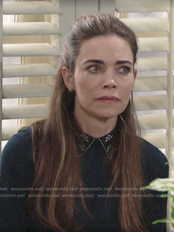 Victoria’s teal sweater with embroidered collar on The Young and the Restless