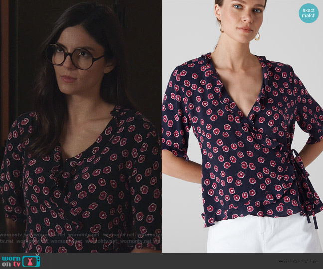 Whistles Lenno Print Frill Wrap Top worn by Lisa Apple (Monica Barbaro) on Splitting Up Together