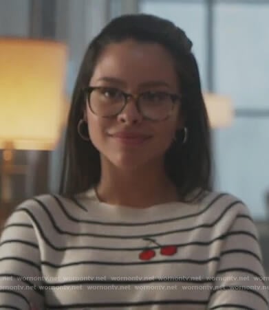 Mariana’s white striped cherry print sweatshirt on Good Trouble