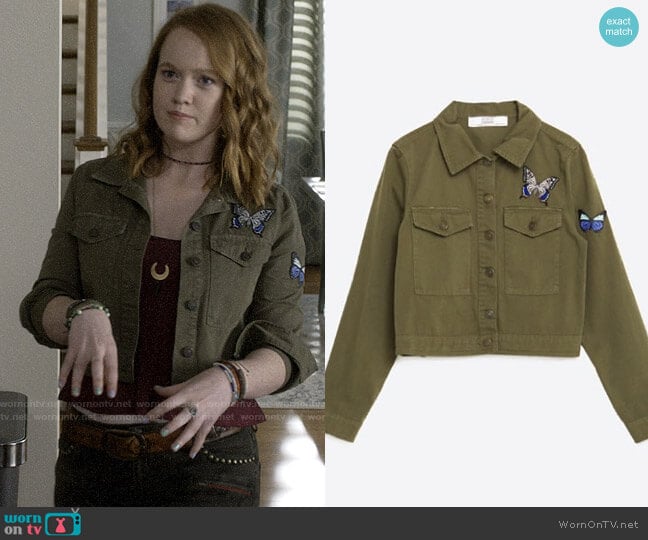 Zara Military Jacket with Embroidered Butterflies worn by Abby Hammond (Liv Hewson) on Santa Clarita Diet