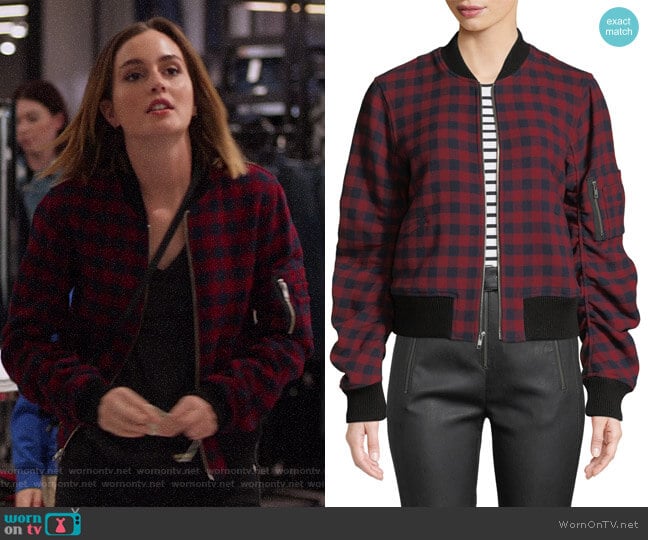 A.L.C. Andrew Plaid Wool Bomber Jacket worn by Angie (Leighton Meester) on Single Parents