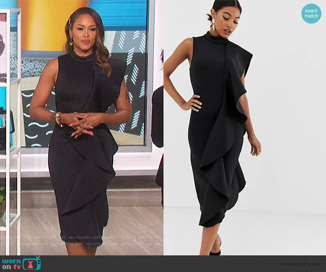 ASOS Lavish Alice frill detail scuba midi dress in black worn by Eve on The Talk