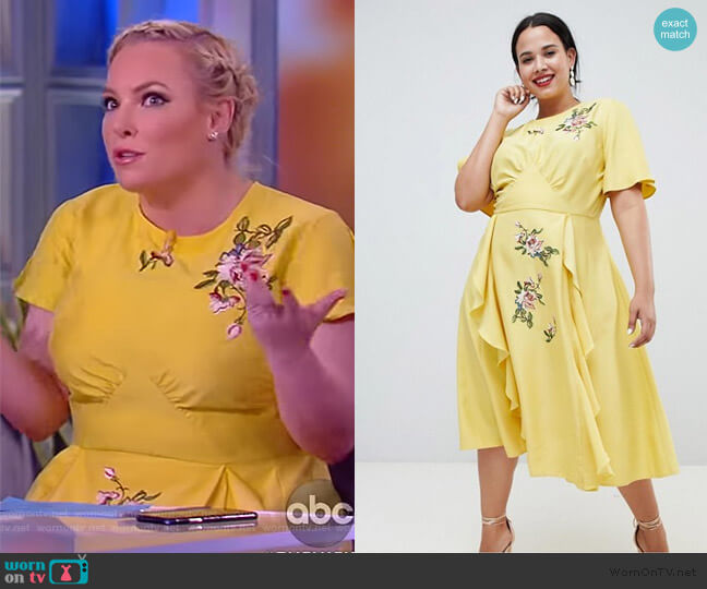 ASOS midi dress with embroidery and ruffle detail worn by Meghan McCain on The View