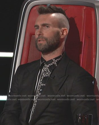 Adam Levine’s black chain print shirt on The Voice