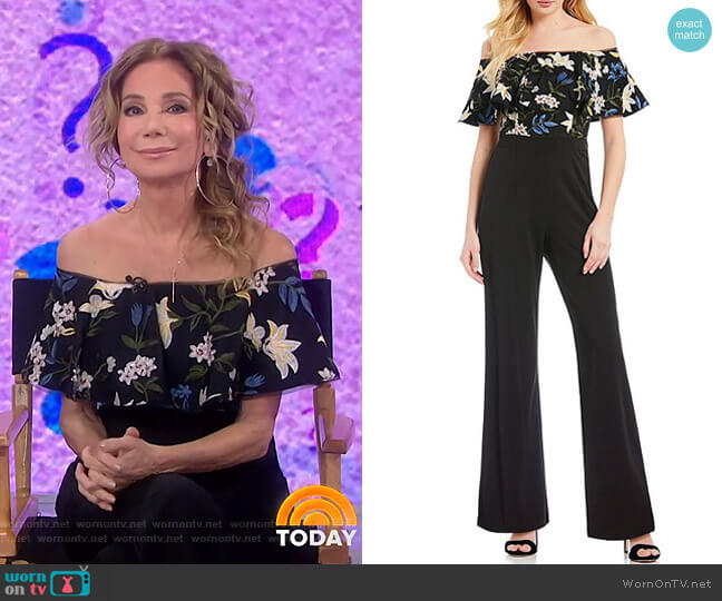Adrianna Papell Off-the-Shoulder Floral Embroidered Popover Jumpsuit worn by Kathie Lee Gifford on Today