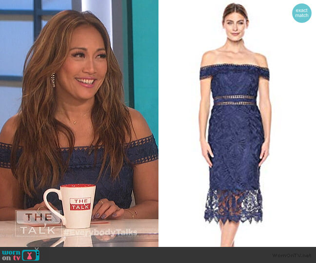 Aidan Mattox Off Shoulder Lace Dress worn by Carrie Inaba on The Talk