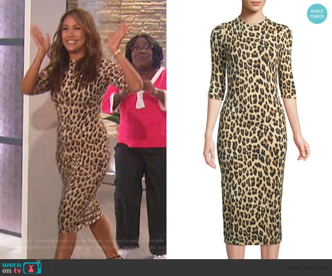Alice + Olivia Delora Fitted Leopard Mock-Neck Dress worn by Carrie Inaba on The Talk