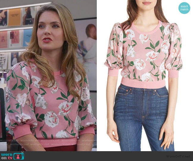Alice + Olivia Brandy Floral Puff Crop Sweater worn by Sutton (Meghann Fahy) on The Bold Type