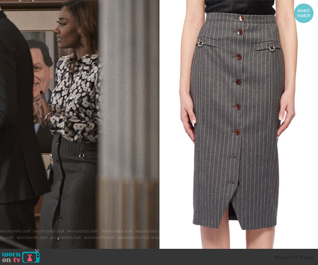 Altuzarra Pinstriped Button-Front Skirt worn by Daisy Grant (Patina Miller) on Madam Secretary