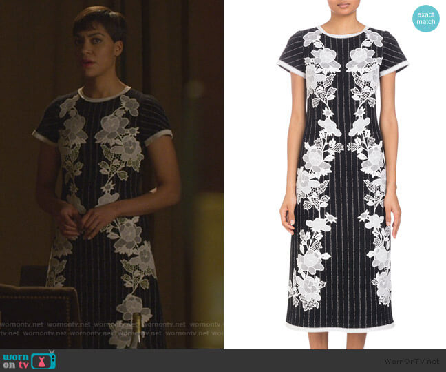 Andrew Gn Round-Neck Cap-Sleeve Metallic-Pinstripe Dress with Lace Applique worn by Lucca Quinn (Cush Jumbo) on The Good Fight