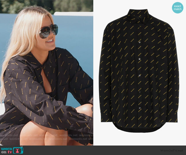 Balenciaga All-Over Logo Print Cotton Shirt worn by Khloe Kardashian on Keeping Up with the Kardashians