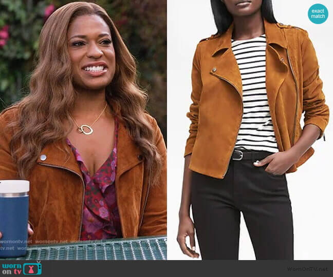 Banana Republic Life in Motion Suede Moto Jacket worn by Poppy (Kimrie Lewis) on Single Parents