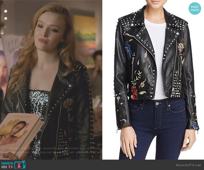 Blank NYC Studded Floral Embroidered Moto Jacket in Budding Romance worn by Kirby Anders (Maddison Brown) on Dynasty