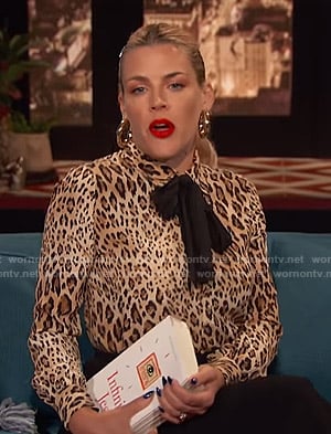 Busy’s leopard print blouse with tie neck on Busy Tonight