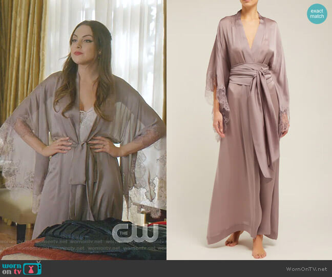 Carine Gilson Lace-Trimmed Silk-Satin Kimono Robe worn by Fallon Carrington (Elizabeth Gillies) on Dynasty