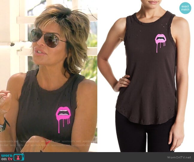 Chaser Lip Graphic Muscle Tank worn by Lisa Rinna on The Real Housewives of Beverly Hills
