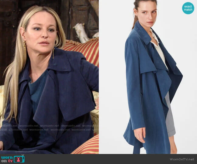 Club Monaco Claudine Trench in Canyon Blue worn by Sharon Newman (Sharon Case) on The Young and the Restless