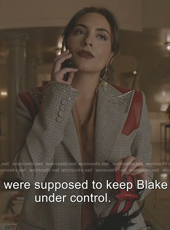 Cristal’s brown plaid leather panel blazer on Dynasty