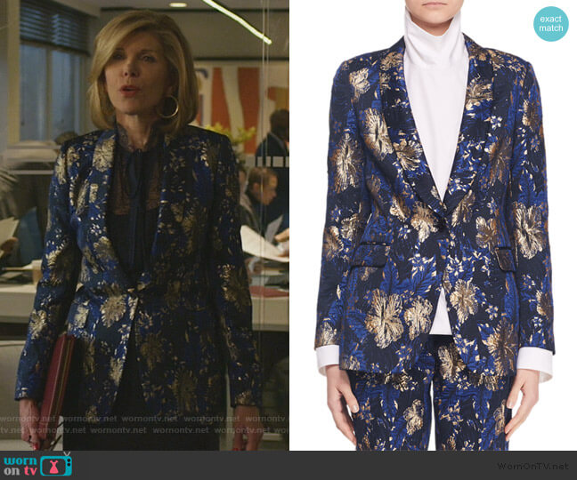 Dries Van Noten Metallic Floral-Jacquard Blazer Jacket worn by Diane Lockhart (Christine Baranski) on The Good Fight