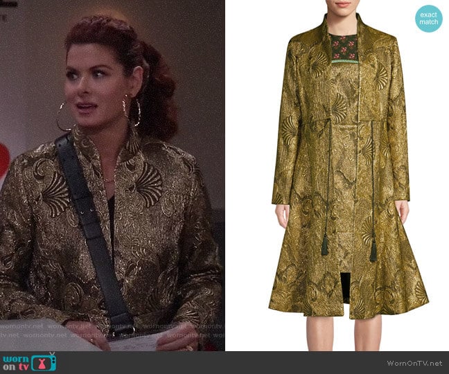 Etro Jacquard Flare Topper Coat worn by Grace Adler (Debra Messing) on Will and Grace