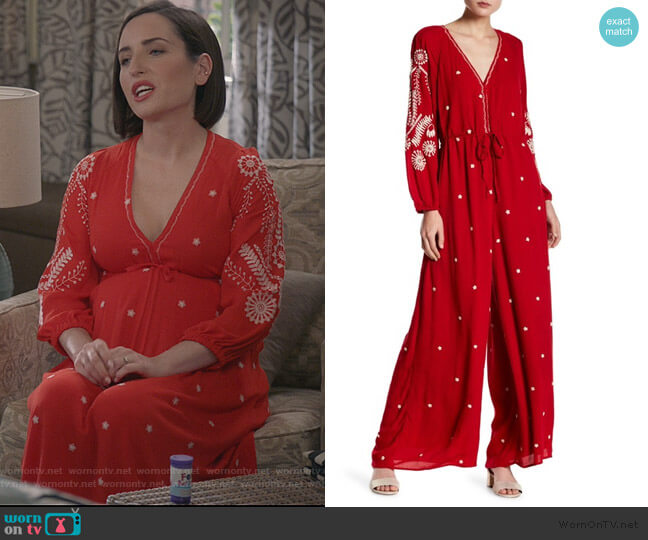 Free People Embroidered Jumpsuit worn by Jennifer Short (Zoe Lister-Jones) on Life in Pieces