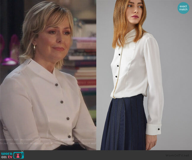 Giorgio Armani Silk twill dinner shirt with plastron worn by Jacqueline (Melora Hardin) on The Bold Type