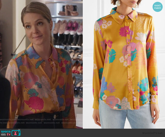 Stine Goya Maxwell floral-print silk-blend charmeuse shirt worn by Sutton (Meghann Fahy) on The Bold Type