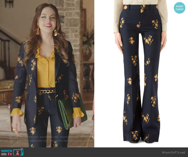 Gucci Camellia Fil Coupé Cotton & Wool Flare Pants worn by Fallon Carrington (Elizabeth Gillies) on Dynasty