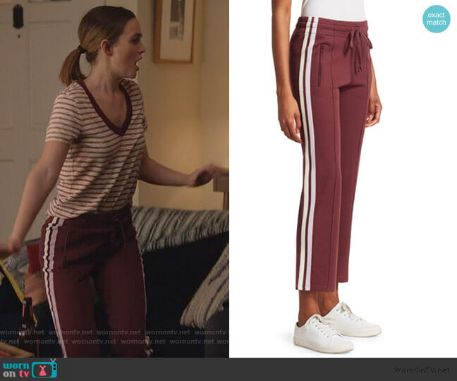 Isabel Marant Etoile Dobbs Racing Stripe Pintuck Track Pants worn by Angie (Leighton Meester) on Single Parents