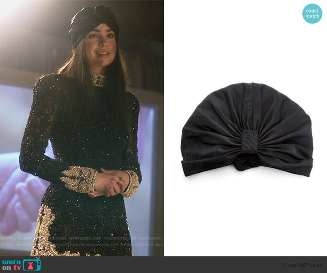 Jennifer Behr Roxanne Silk-Faille Turban worn by Ava Jalali (Sofia Carson) on Pretty Little Liars The Perfectionists