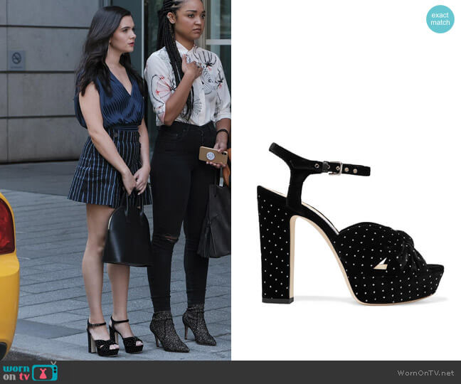 Jimmy Choo Heloise 120 glittered velvet platform sandals worn by Jane Sloan (Katie Stevens) on The Bold Type