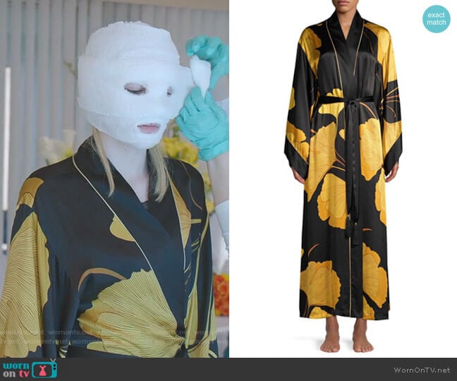 Josie Natori Gingko Floral Silk Robe worn by Alexis Carrington (Elaine Hendrix) on Dynasty