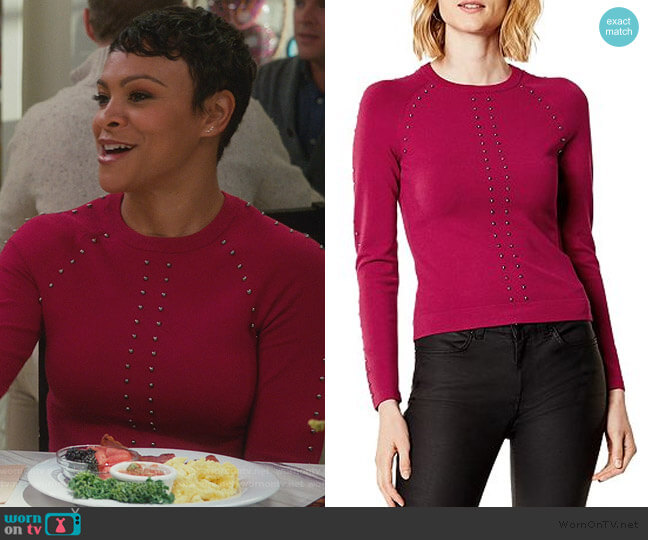 Karen Millen Studded Sweater worn by Angela (Carly Hughes
) on American Housewife