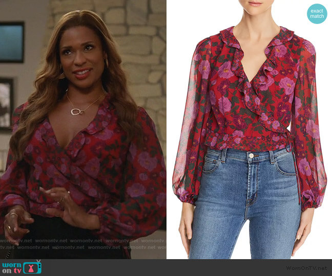 Keepsake Cropped Floral-Print Wrap Blouse worn by Poppy (Kimrie Lewis) on Single Parents