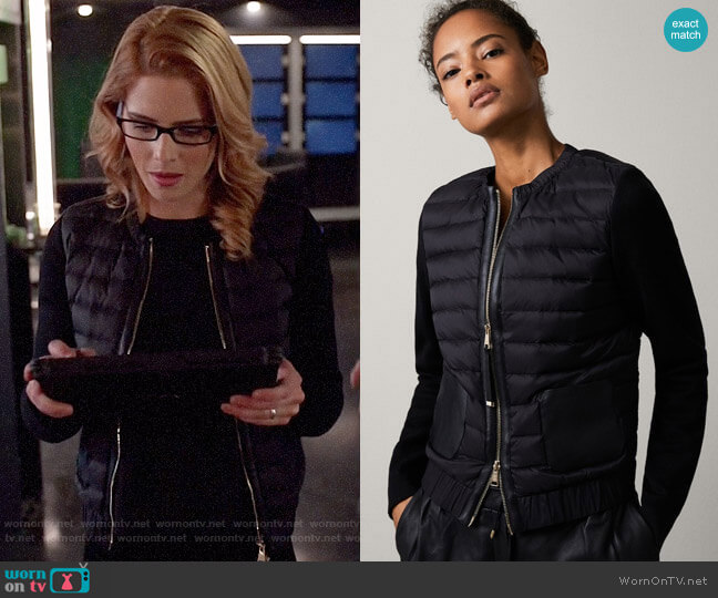 Massimo Dutti Bomber Down Jacket with Leather Detail worn by Felicity Smoak (Emily Bett Rickards) on Arrow