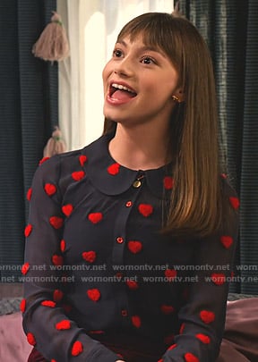 Molly’s navy heart embroidered blouse on No Good Nick