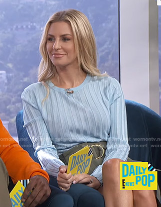 Morgan’s blue ribbed sweater and green skirt on E! News Daily Pop