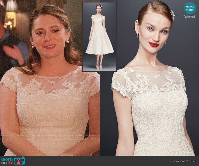 Oleg Cassini Cap Sleeve Illusion Wedding Dress worn by Rebecca Bunch (Rachel Bloom) on Crazy Ex-Girlfriend